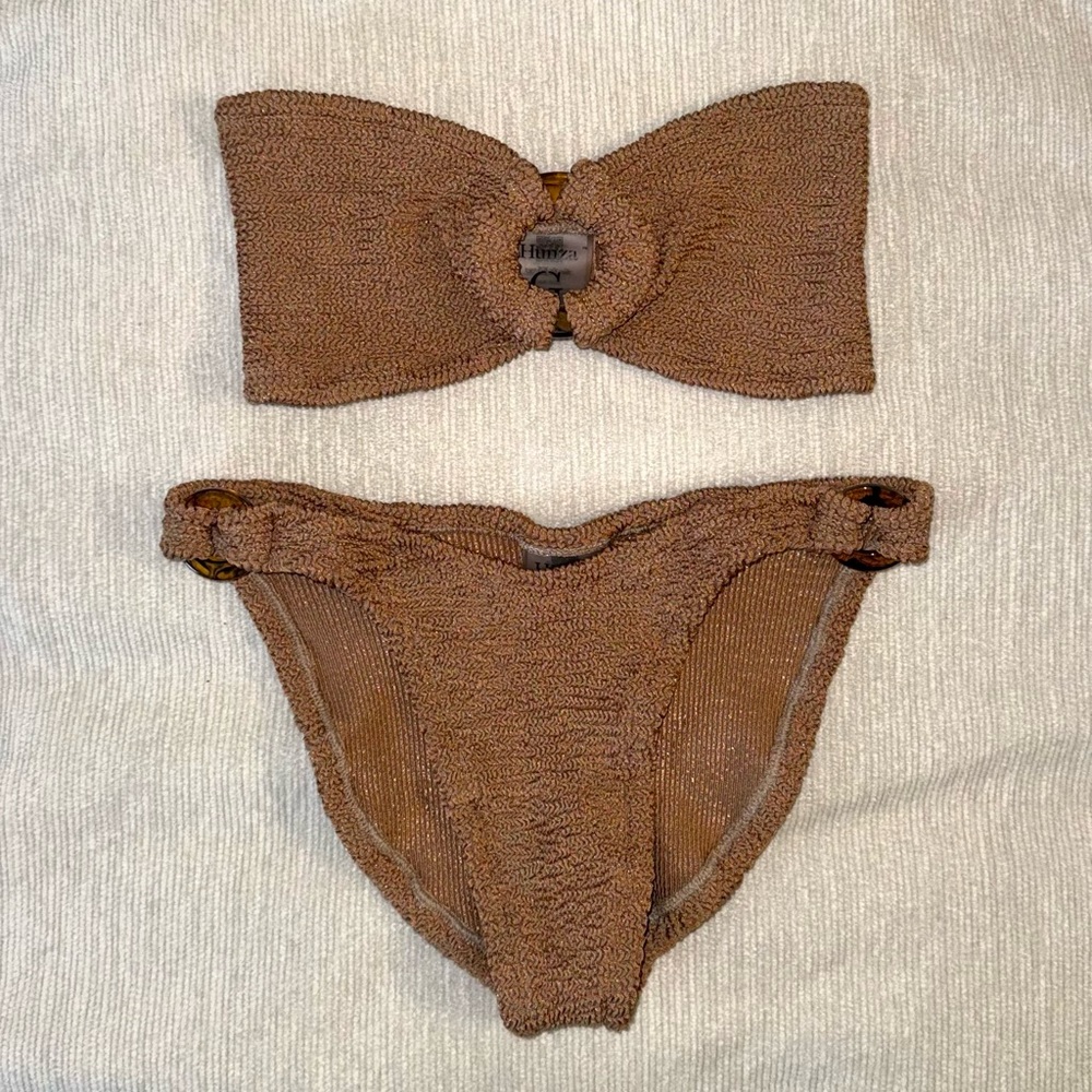 New Hunza G Gloria Bikini SET Metallic Cocoa Seersucker Bandeau Crinkle Tan Cute - Picture 3 of 12